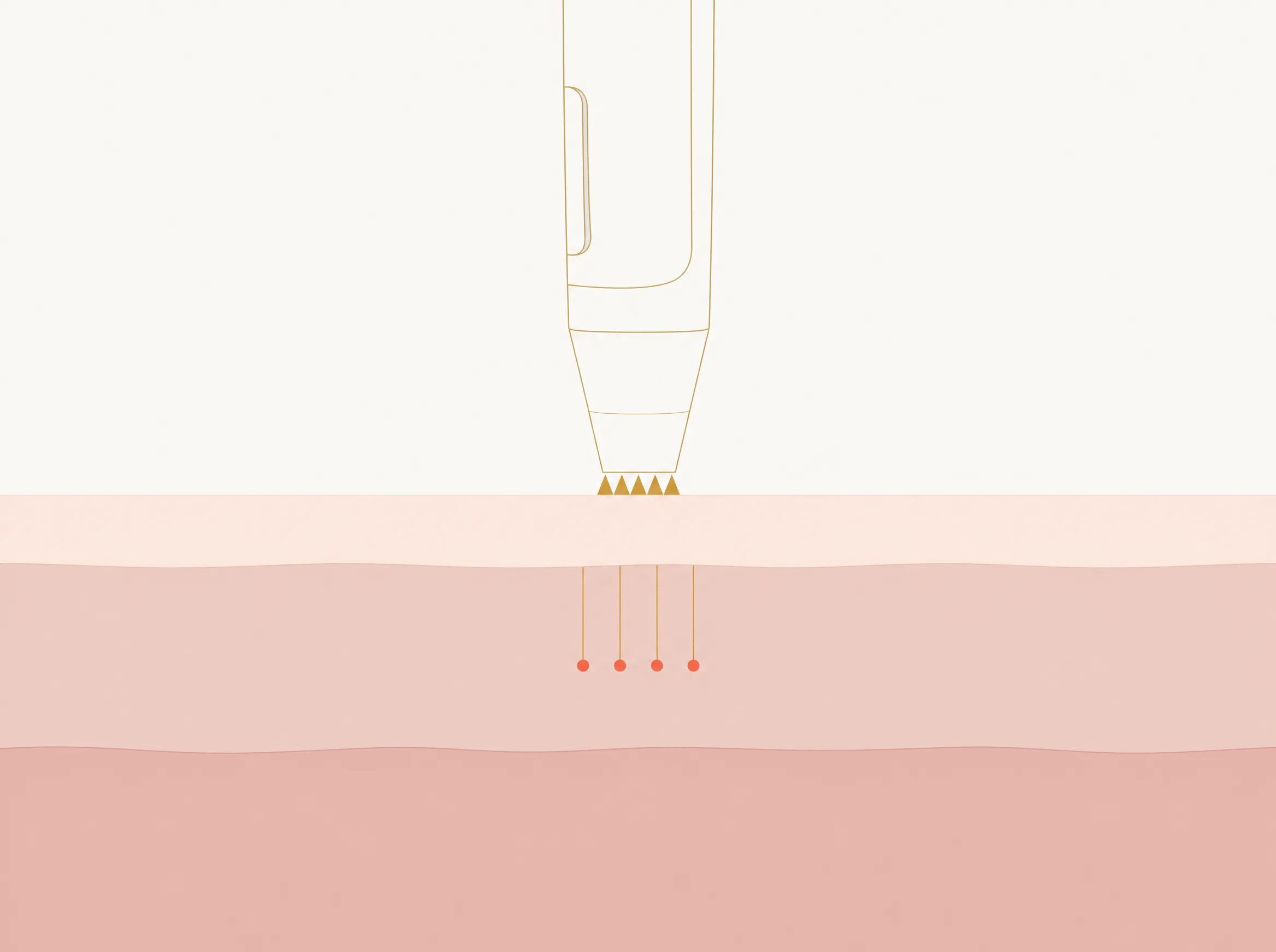 Wirkprinzip Feather Touch als schematische Illustration: Nano-Pyramiden öffnen feine Mikrokanäle, Wirkstoffe erreichen tiefere Hautschichten