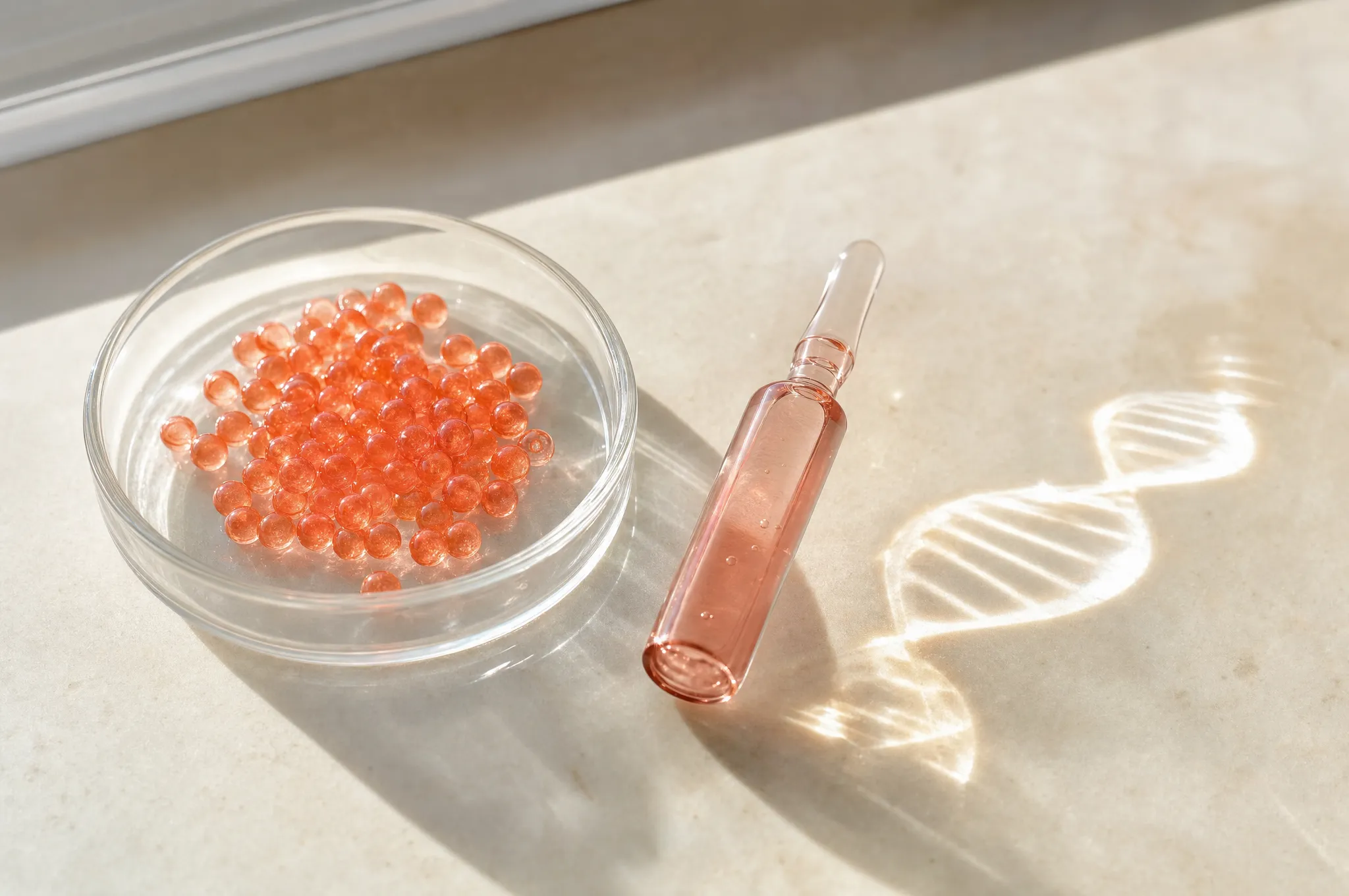 PDRN aus Lachs-DNA: Petrischale mit korallfarbenen Perlen, Serum-Ampulle und DNA-Helix-Lichtbrechung